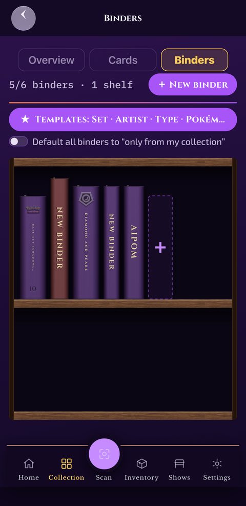 Binders shelf — five binders plus set, artist and type templates