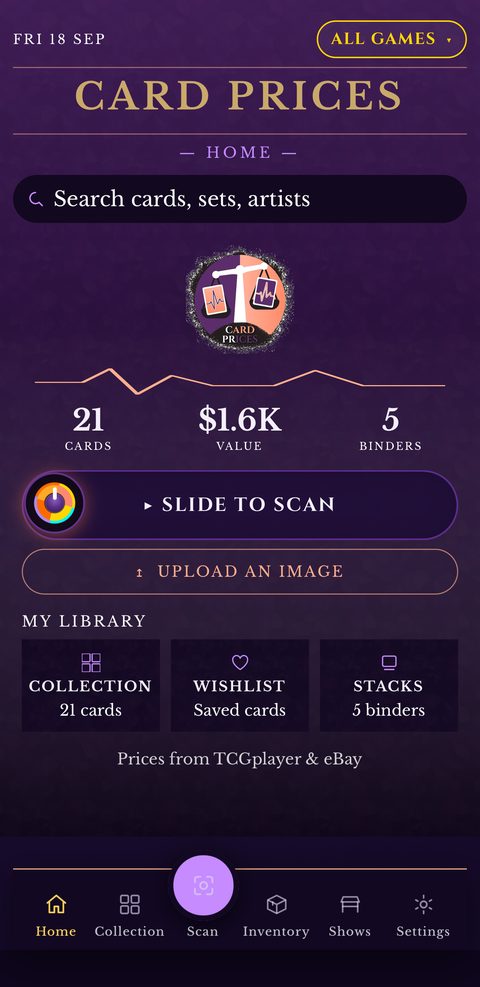 Card Prices app home — 21 cards, $1.6K value, 5 binders, slide to scan