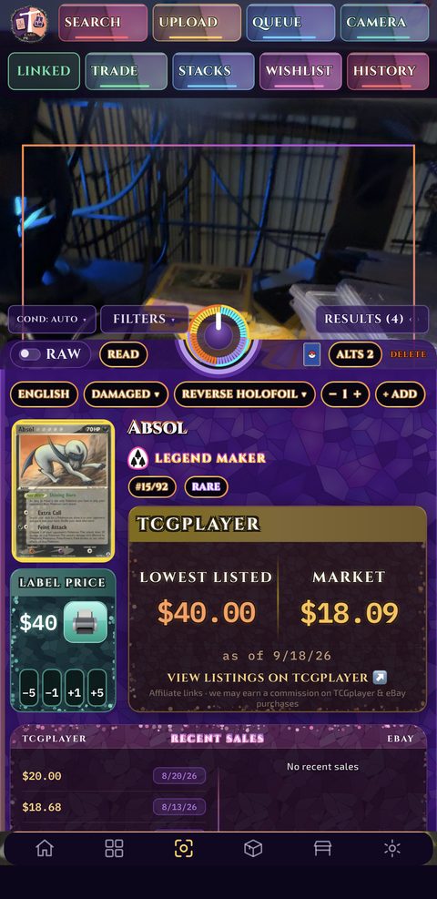 Scan result — Absol Legend Maker, lowest listed $40.00, market $18.09, label price